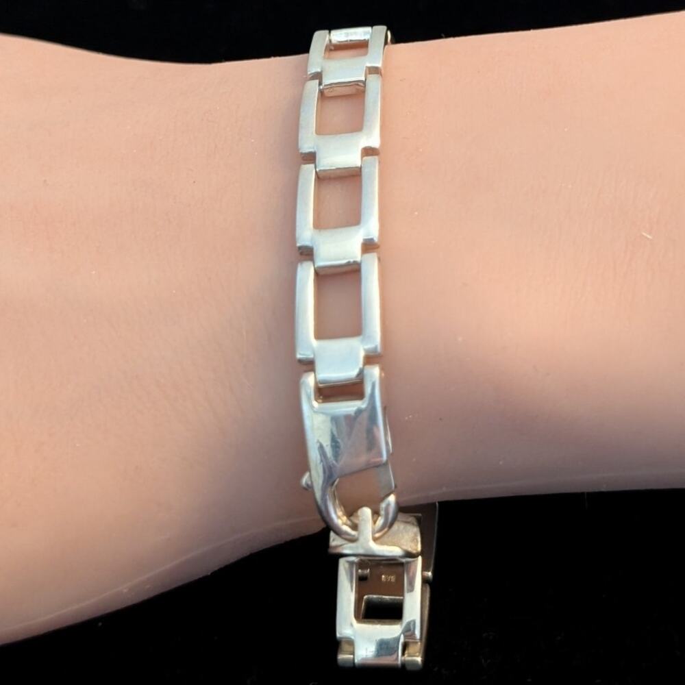925 Sterling Silver Open  Rectangular Link Large Lobster Claw Clasp Bracelet